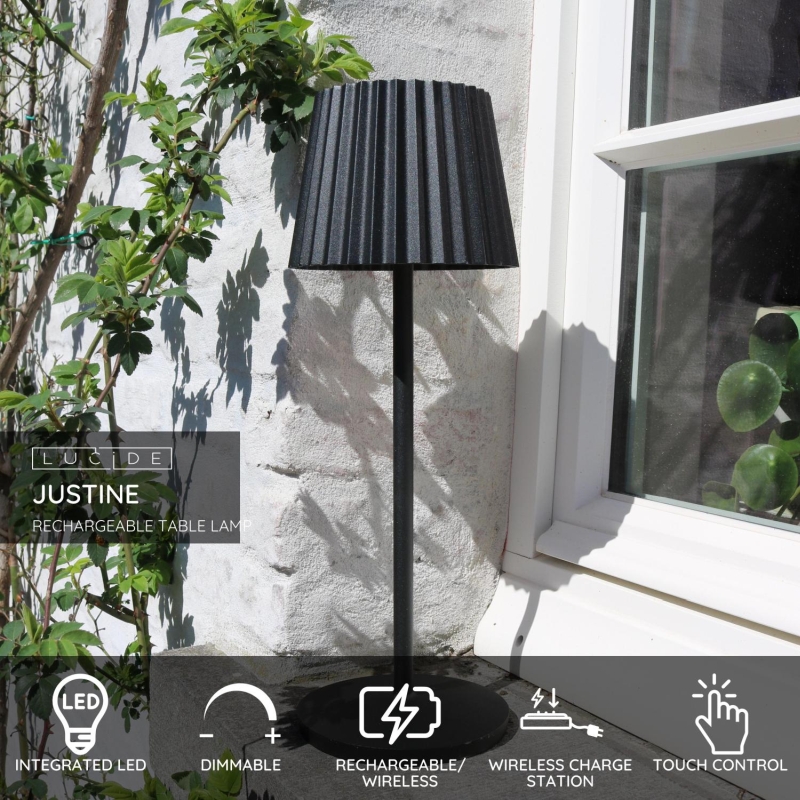 Lucide JUSTINE - Nabíjacia stolová lampa Vonkajšia - Batéria - LED Rozm. - 1x2W 2700K - IP54 - S bezdrôtovou nabíjacou podložkou - Čierna